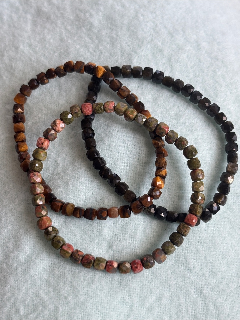 Set of 3 Faceted Crystal Stretch Bracelets - Tigers Eye, Obsidian, Unakite